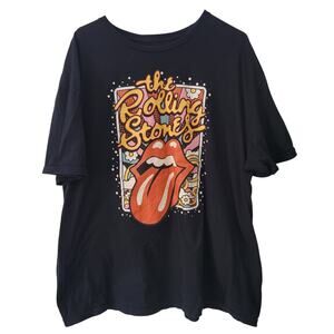 Rolling Stones Size 3XL Black Graphic Band Tee Floral‎ Retro Tongue Logo T Shirt
